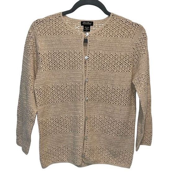 Eddie‎ Bauer Womens Vintage Crocheted Linen Cotton Cardigan Beige Small - Picture 1 of 7